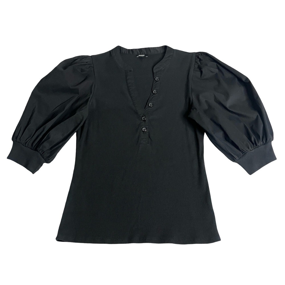 Express Popover Henley Top Womens M Black Puff Sleeve Mixed Media Ribbed Knit